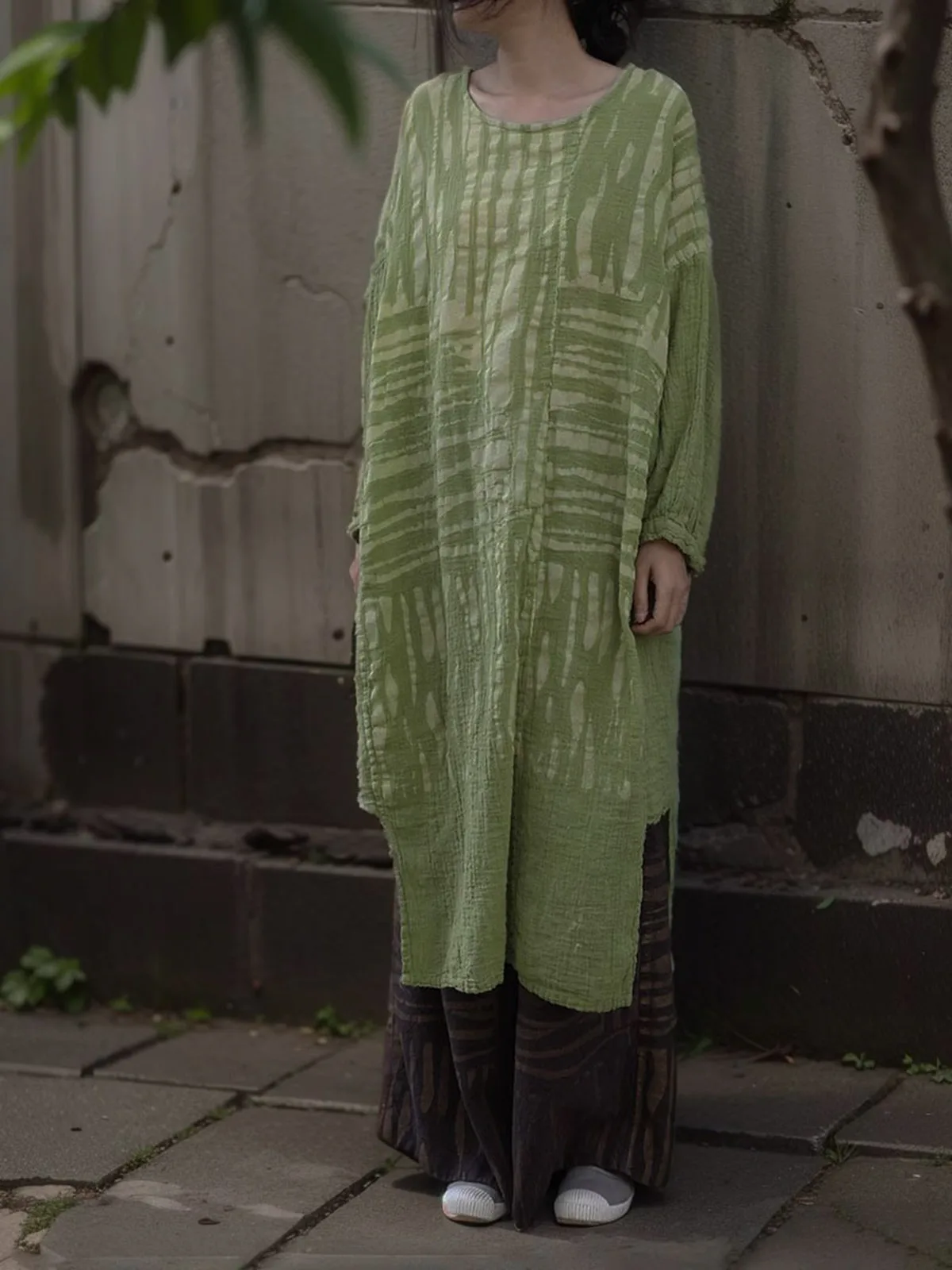 Womens Lightweight Boho Ramie Texture Dresses Sen Series Rubbing stripes Beach Vacation Loose Casual Midi Dress Spring Summer