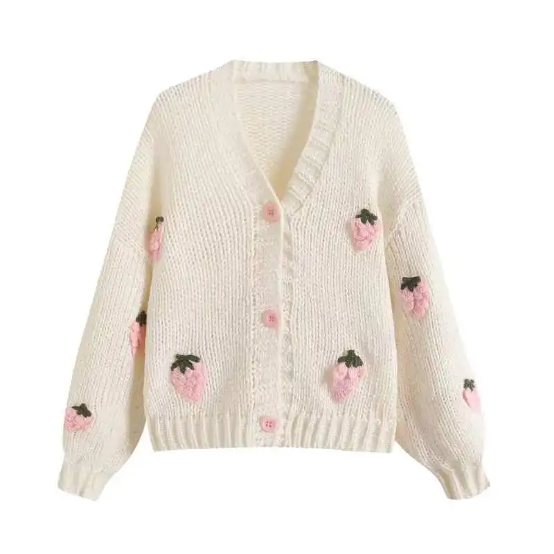 Autumn And Winter V-Neck Wool Cardigan Buttonless Women's Knitted Thick Sweater Medium Long Embroidered Strawberry Loose Top