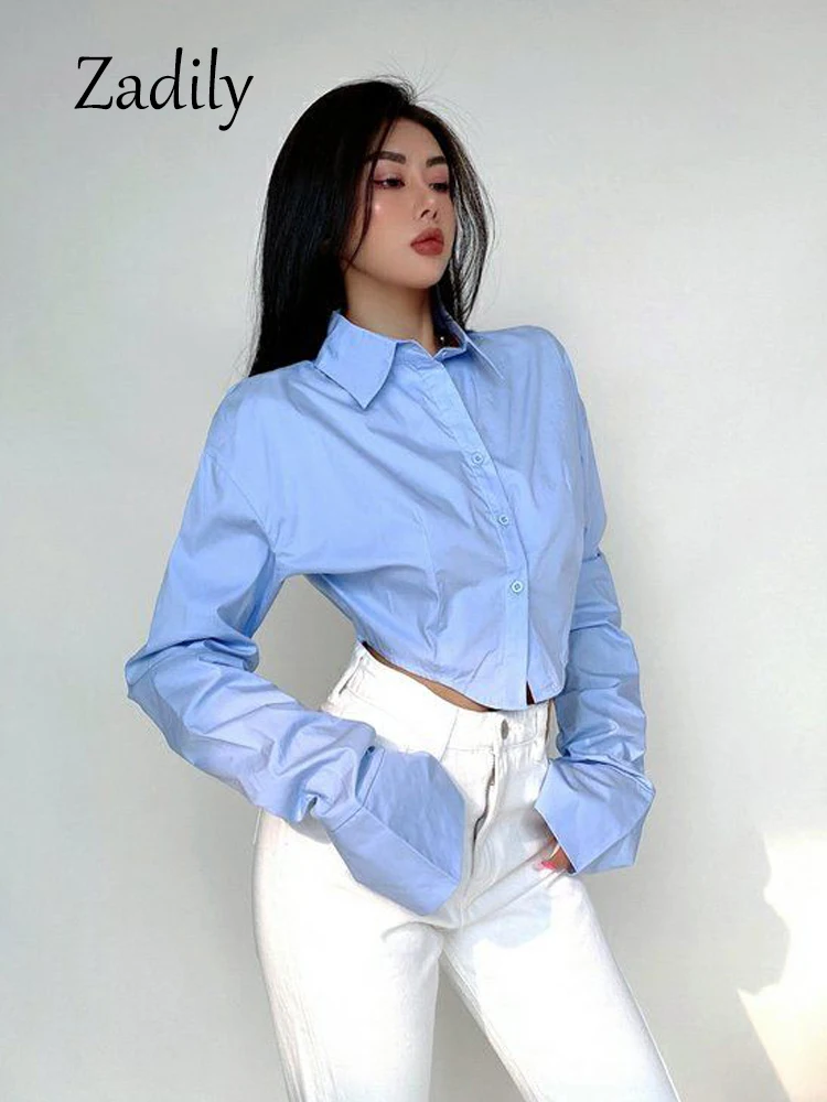 Casual Long Sleeve Women Blue Shirt And Blouse Minimalist Button Up Turn Down Collar Crop Tops Party Female Clothing