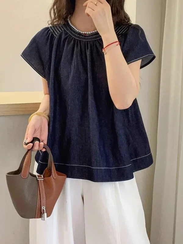 

Casual Summer Faion Women's ort Sve Denim irt Loose Fit Slimming Puff Sve Top Versatile Commute Sle Thin Material