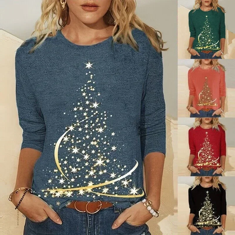 Women's Christmas Printed Loose T-shirt Star Xmas Tree Fashion Round Neck Pullover Top Holiday New Year Clothes