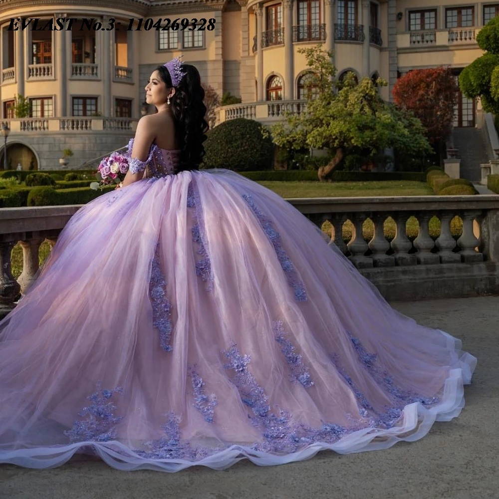 

EVLAST индивидуальное мексиканское сиреневое платье Quinceanera, бальное платье, кружевная аппликация, корсет с бисером, Sweet 16, Vestidos De 15 Anos E3Q664