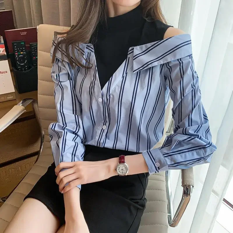 Fake Two Pieces Chiffon Silk Blouse for Women Off Shoulder Top Cool Blue Stripe Cotton Satin Shirt Woman Particular Trends Youth