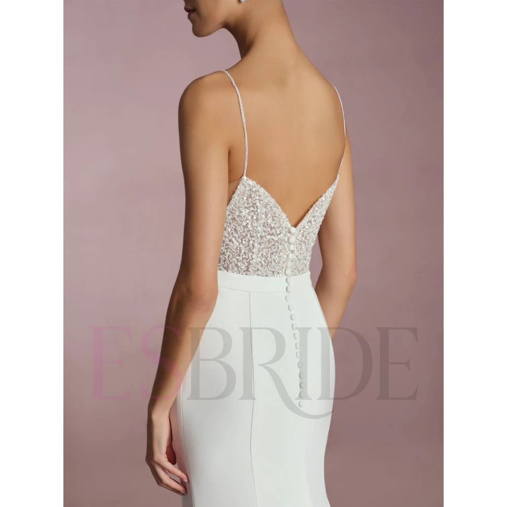 ESBRIDE Abito da sposa Bianco con scollo a cuore senza schienale senza maniche lungo fino al pavimento Abito da sposa Abito a sirena Abito bianco per matrimonio civile