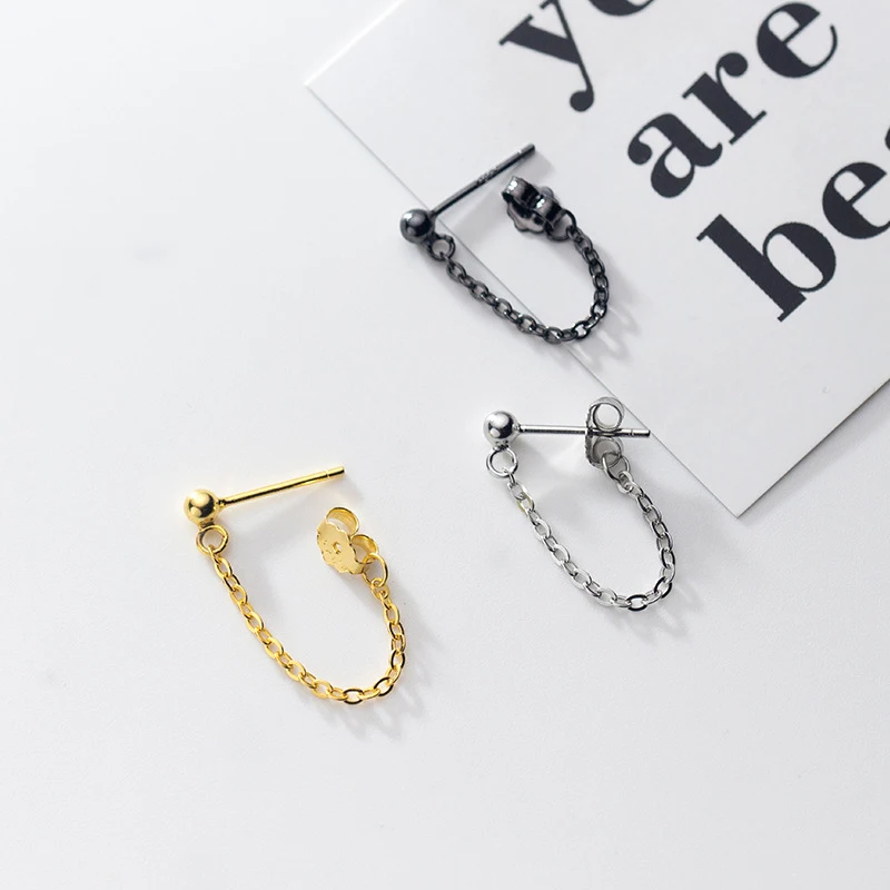 Modian Rock Punk Black Chain Stud Earrings Fashion 100% 925 Sterling Silver Bead Swing Jewelry For Women Party Classic Earring