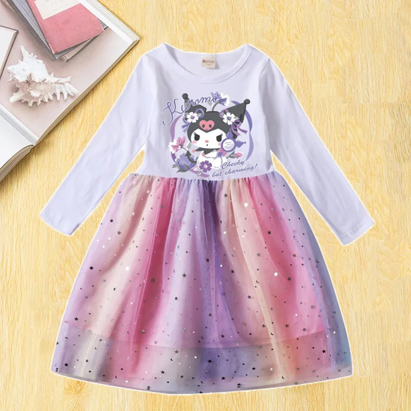 Adorable Girls' 2024 Spring/Summer Long Sleeve Cloe Dress with Cartoon Kuromi Print Cartoon Dresses for Girls