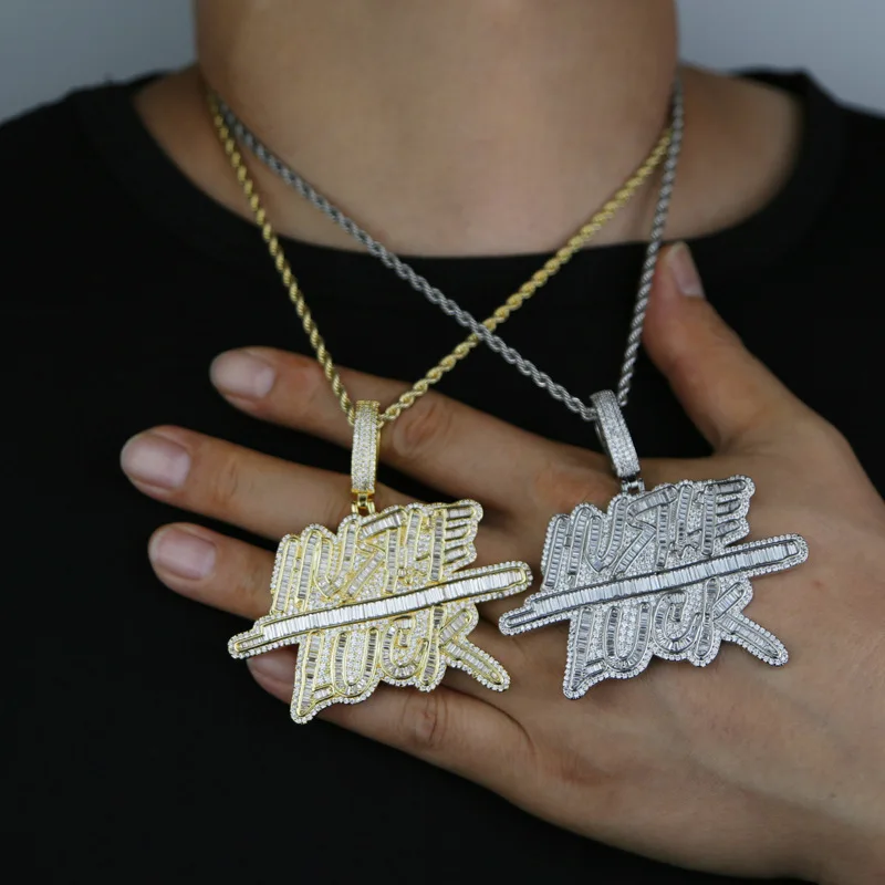 Hip Hop 3A+ CZ Stone Paved Bling Iced Out HUSTLE LUCK Charm Pendants Necklace for Men Rapper Jewelry Gold Silver Color