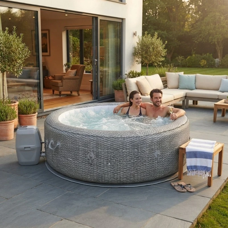 Sicily AirJet Large Round 5 to 7 Person Inflatable Hot Tub Portable Outdoor Spa with 180 AirJets and EnergySense Cover, Grey