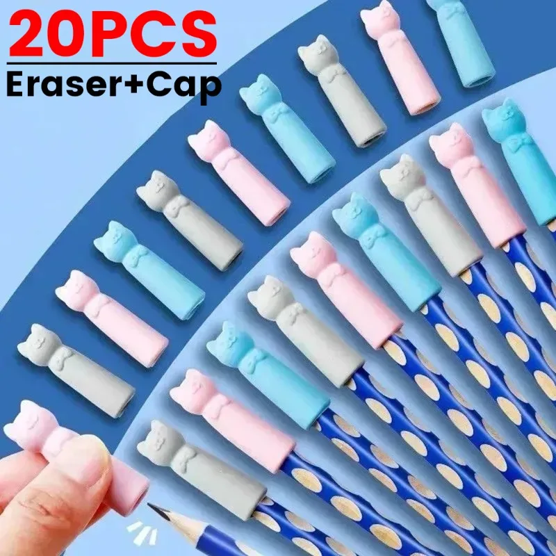 1/20Pcs Eraser Pencil Nib Protective Cap Cartoon Cat Shape Pen Top Protector Cover Eraser Painting Correction Student Stationery