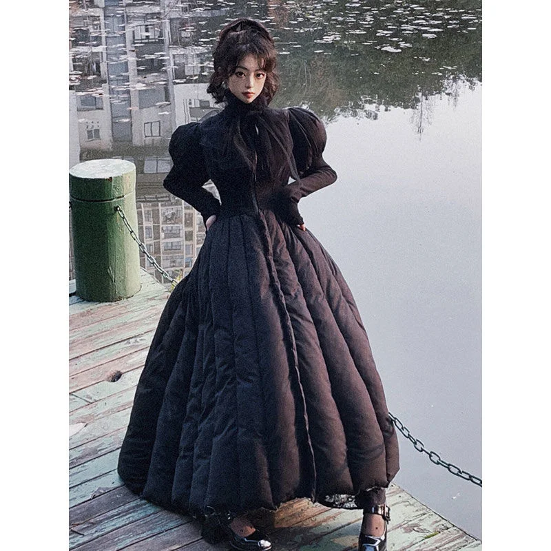 Fashionable Slim Down Long Skirt, Winter Black Waist Cinched High Neck Dress, Versatile And Casual Fluffy Skirt With Temperament