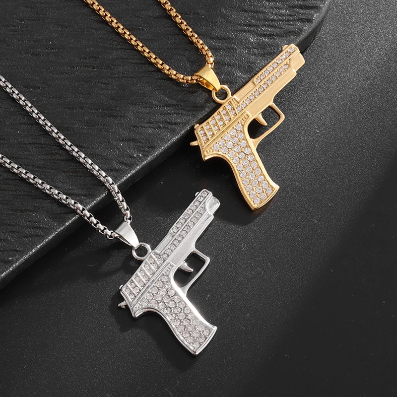 Hip Hop Shiny Zircon Desert Eagle Pistol Necklace Submachine Gun Pendant for Men Punk Cool Street Party Jewelry Gift