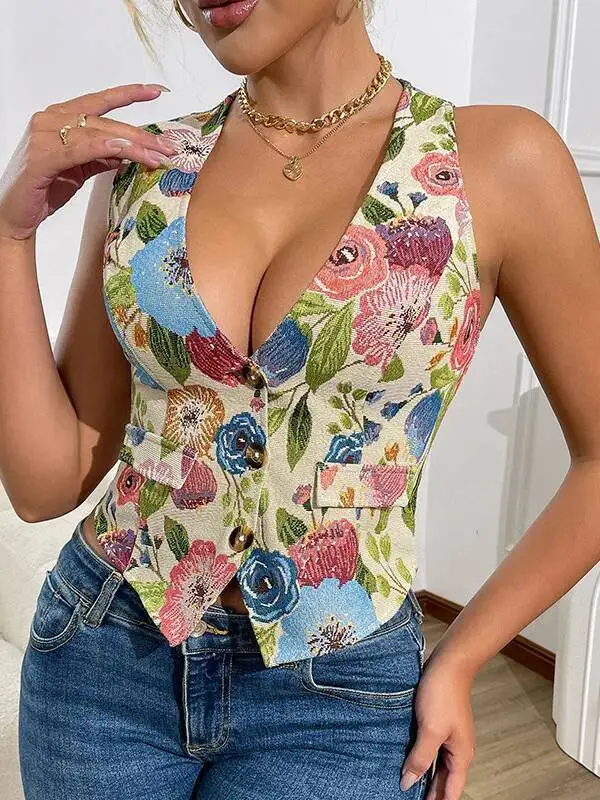 プリントカラーブロックセクシーなスリムベスト新しい花柄ホットガールフラワープリントタンクトップバックレスディープVサスペンダーノースリーブベストR70J