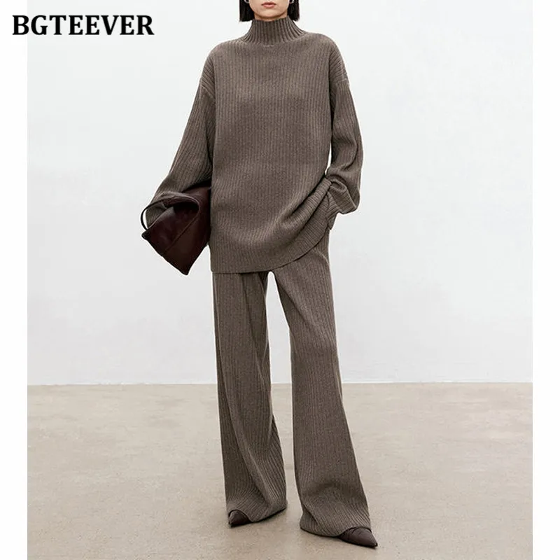 BGTEEVER Autumn Winter Knitted Trousers Set Women Long Sleeve Half Collar Pullovers Female Wide Leg Pants Women Sweater Outfits