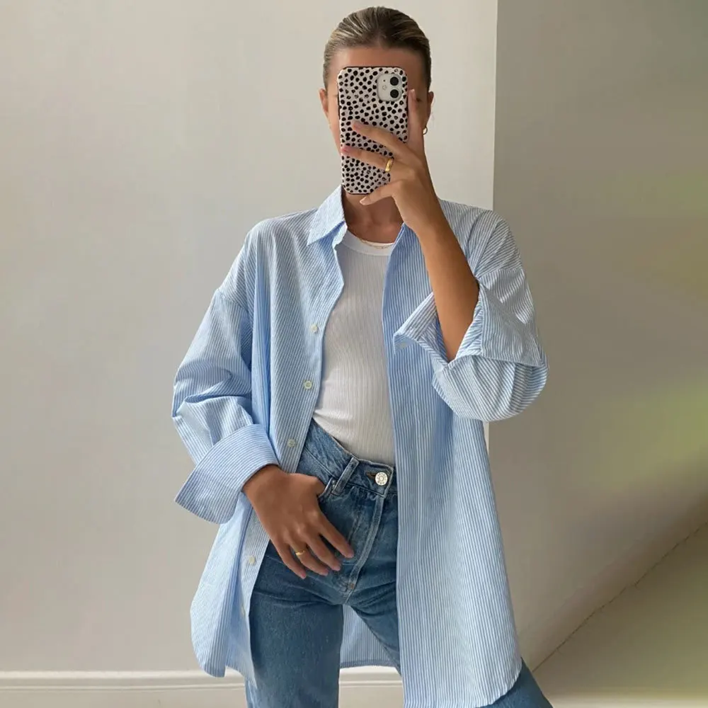 

Simple fashion striped shirt European and American fashion sense hidden button long sleeve striped cardigan
