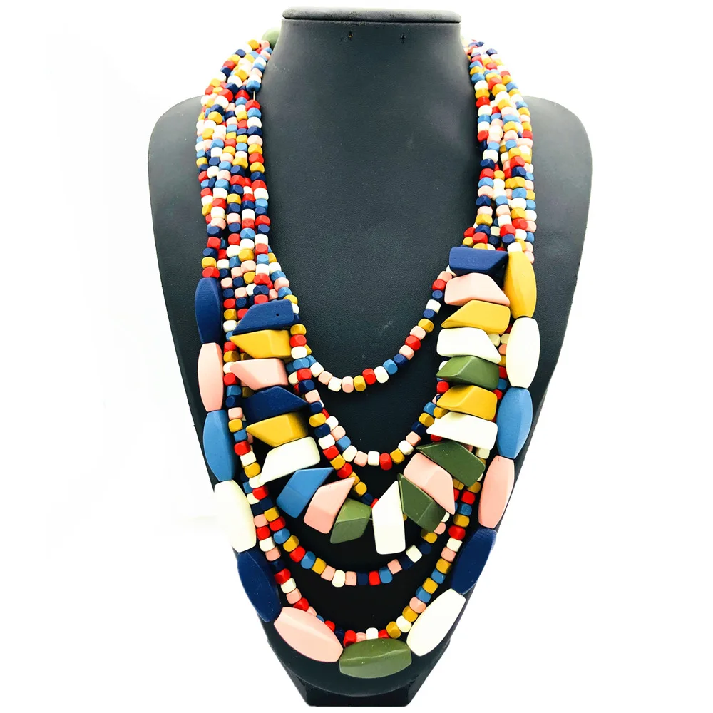 Ethnic Style Wood Block Multi-layer Necklace Color Sweater Chain Foreign Trade Cross-border Jewelry Necklace
