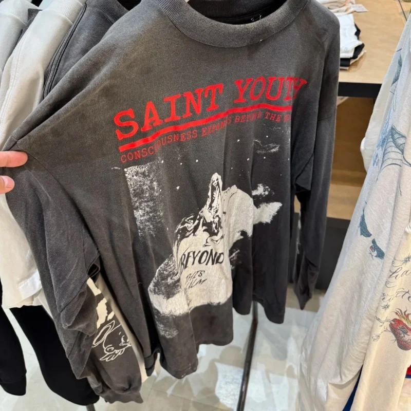 

Vintage Skeleton Angel Printed Youth Saint T Shirt Washed Do Old Broken Holes Long Sleeved Tshirt Men Women Tee Tops