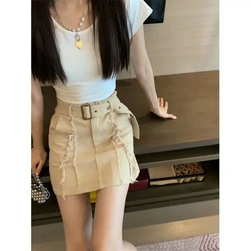 

Summer Women's Solid Color Spicy Girl High Waist Black A-Line Skirt Short Skirt with Frayed Edges Decoration Belt Half Skirt