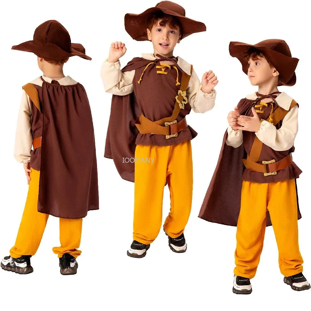 

New Retro Soldier Top Pants Hat Cloak Outfit Kids Children Medieval Knight Cosplay Costume Carnival Court Style Performance Set