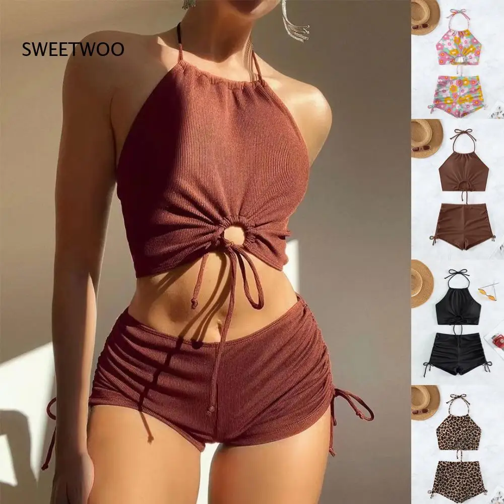 

Women's Ribbed Halter Two-Piece Swimsuit with Drawstring Cutout Top & Ruched Side Tie Shorts Bikini for Beach