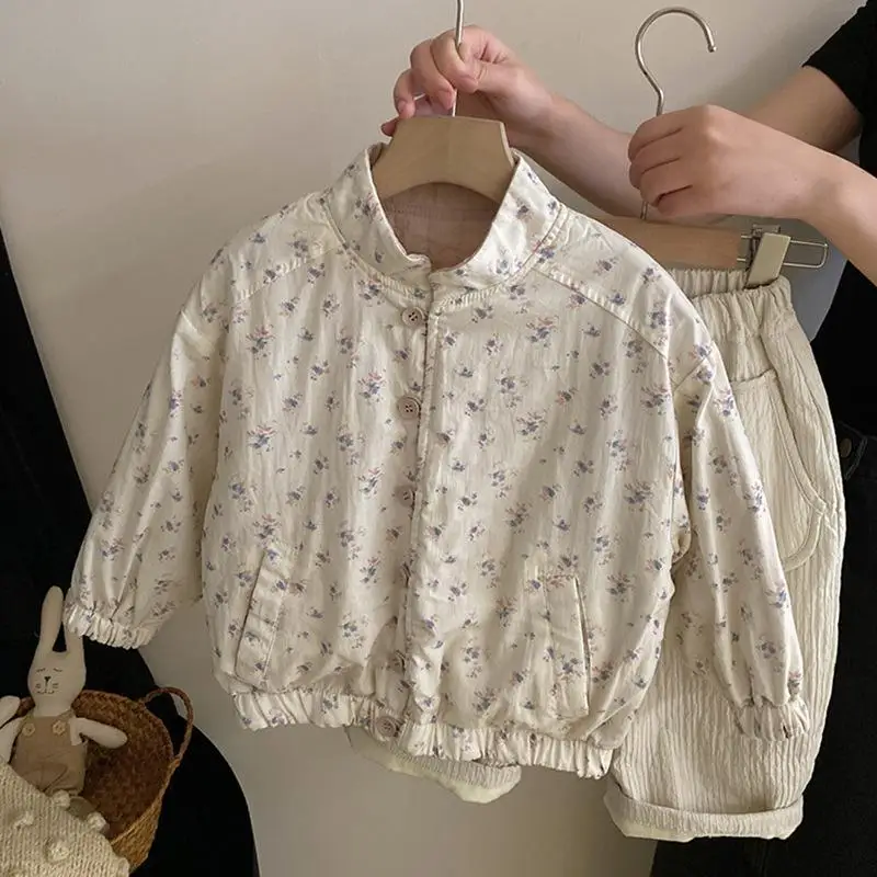 Children's Clothing Double-sided Jacket Autumn and Winter New Baby Pink and White Spliced Stand Up Collar Cotton Jacket Set