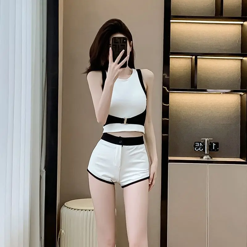 Fashion Patchwork Slim Short Sets Summer Trend Sexy Buttons High Waist Two-piece Suit Women Clothing Fashionable Elasticity