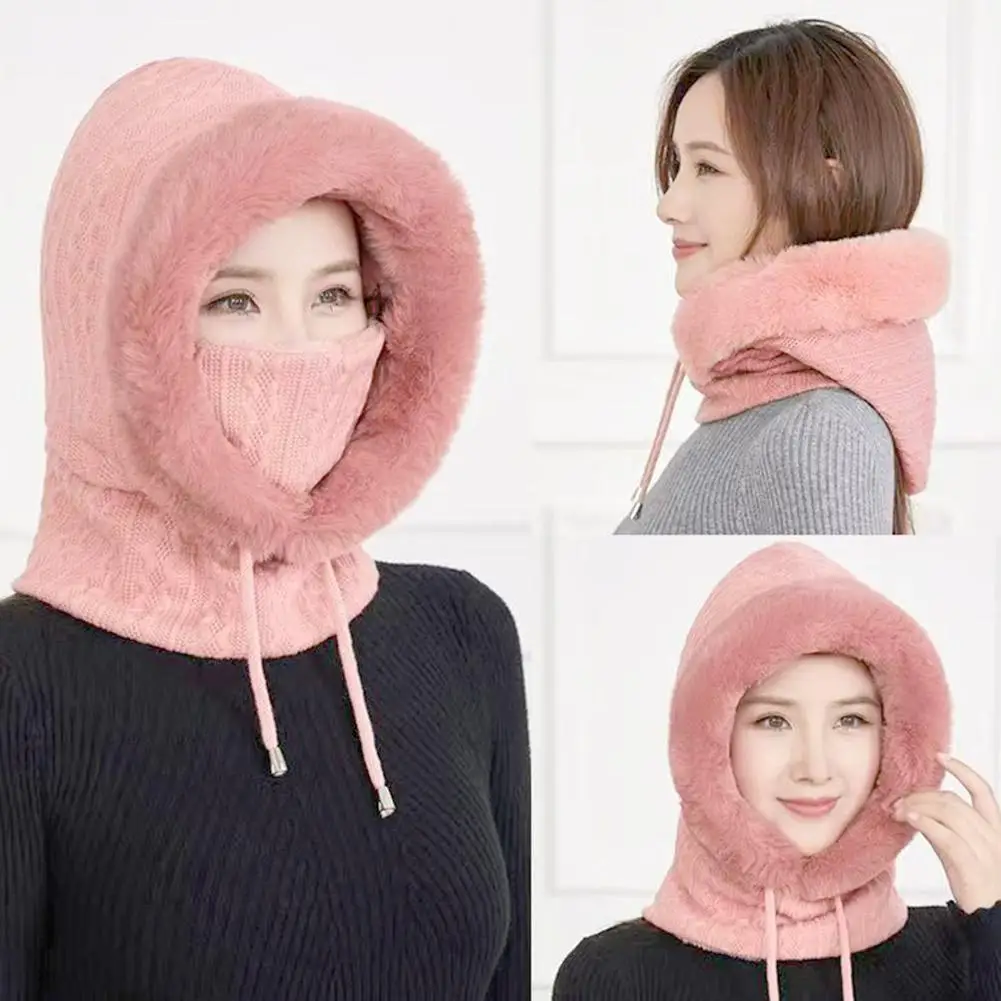 Drawstring Hooded Fleece Beanie Scarf Women's Cashmere Knit Hat with Thicken Scarf and Mask for Winter Warmth Windproof