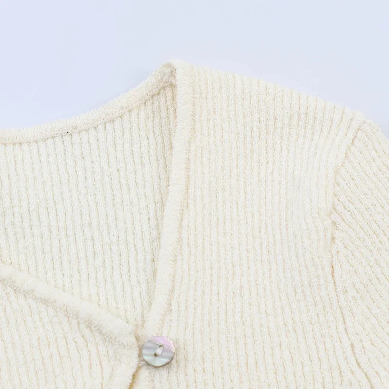 Women Ribbed Short Cardigan Diagonal Silver Shell Button Long Sleeve Irregular Neck Slim Knit Coat Daily Casual Sweater