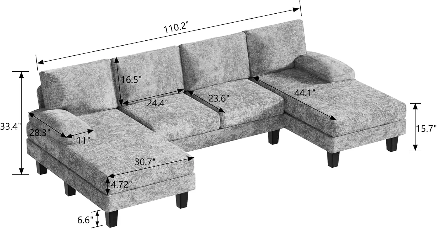 Convertible Sectional Sofa Couch, 4 Seat Sofa Se with Throw Pillows, U-Shaped Modern Minimalist Fabric Modular Sofa