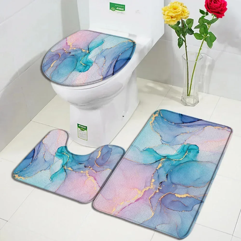 Abstract Marble Bath Mat Set Pink Blue Line Textured Modern Home Floor Carpet Bathroom Decor Anti Slip Rugs Toilet Lid Cover