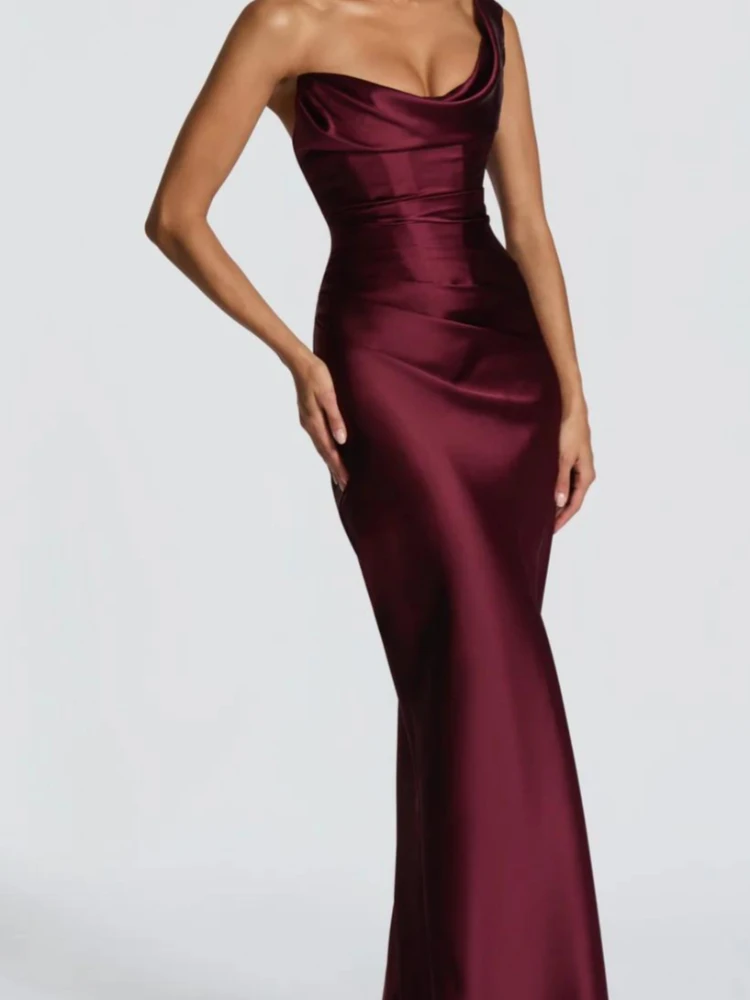 One Shoulder Satin Women 's Maxi Dress Cowl Neck Ruched Waist Bodycon Dresses 2026 Summer Woman Formal Evening Party Vestidos
