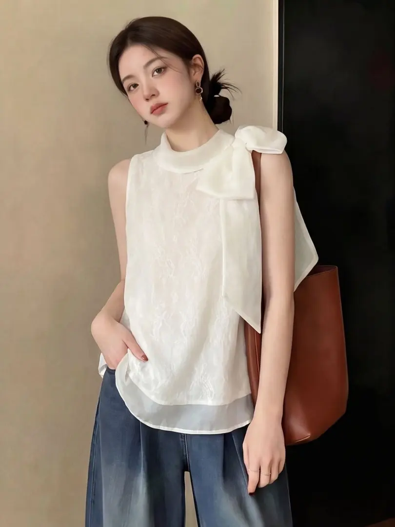 

Elegant Embroidered Knot Chiffon Top Women's Summer Sleeveless Doll Shirt Korean Style Loose Fit round Neck Back Bu...