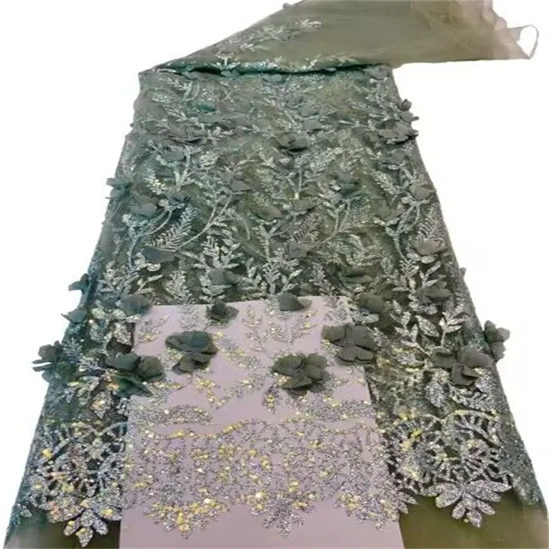 Tecido De Renda De Lantejoulas Francesas Para Vestido De Festa, Tule Africano, Flor 3D, Grânulos Nigerianos, Alta Qualidade, 5 Jardas