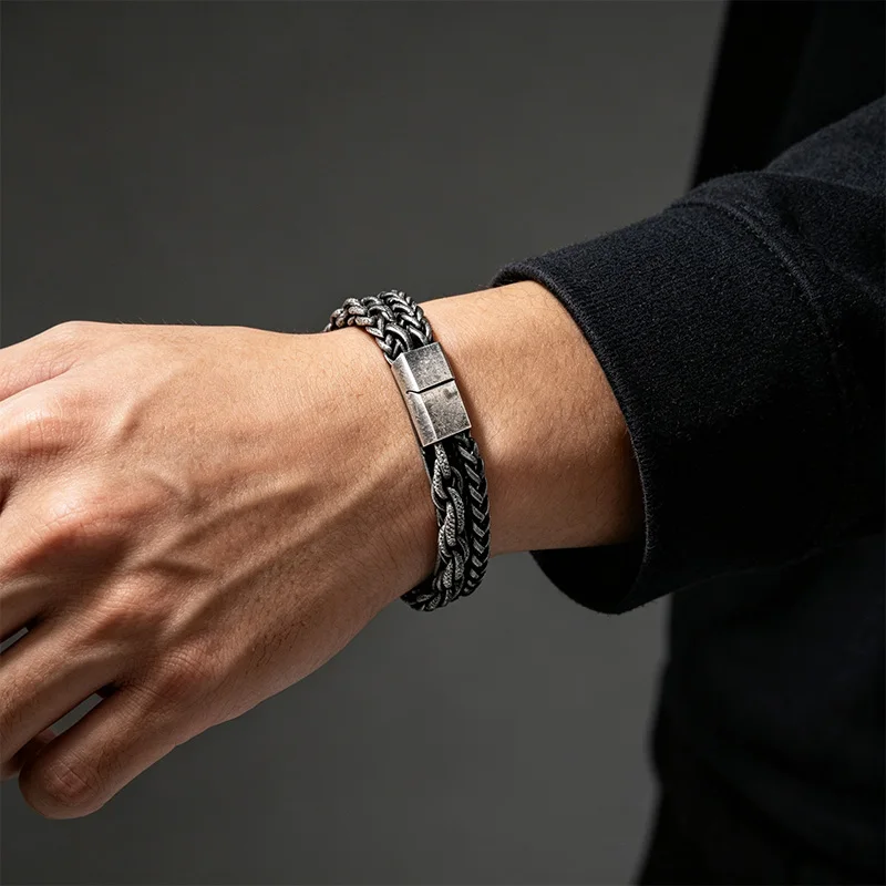 Stainless Steel Braided Double Row Front and Rear Fish Scale Vintage Color Bracelet with Keel Jewelry