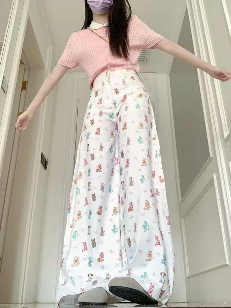 

Women Vintage White Cartoon Bow Printed Y2k Jeans High Waist 2000s Wide Leg Denim Pants Streetwear Straight Casual Trousers