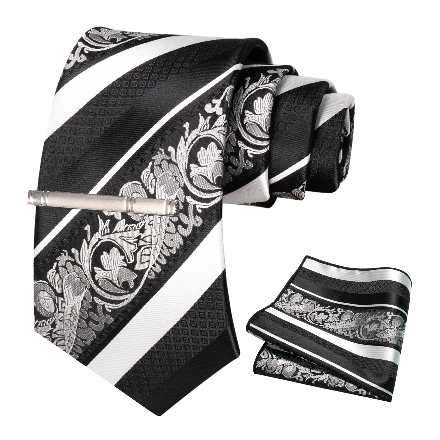 Klassische Herren-Krawatte mit Blumenmuster, 8 cm, Seidenkrawatten-Set, Einstecktuch, Krawattenklammer, Business-Anzubehör, Bräutigam-Hochzeitskrawatte – Detail 10