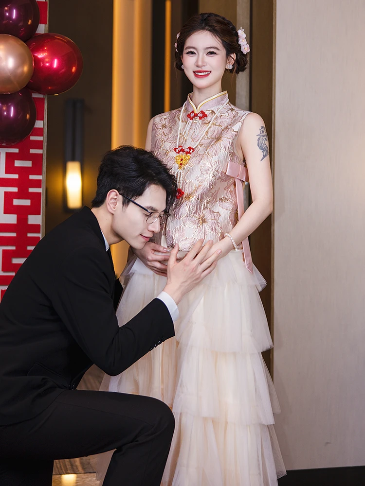 

Новый китайский комплект для беременных: халат для церемонии помолвки и свадьбы, большой размер, с покрытием для живота