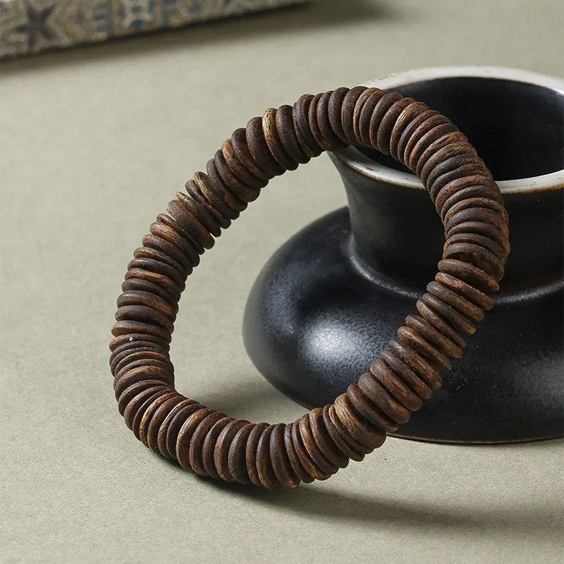 Dalakan Agarwood Tablet Bead Bracelet Single Circle Buddhist Prayer Beads Jewelry for Men and Women Gifts