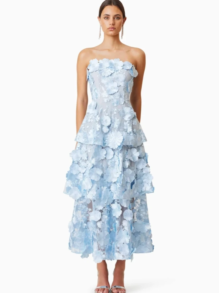 

Sexy Strapless Embroidered Flowers Long Dress Women Blue Sleeveless 3D Floral Tiered A-line Dresses Evening Party Gowns