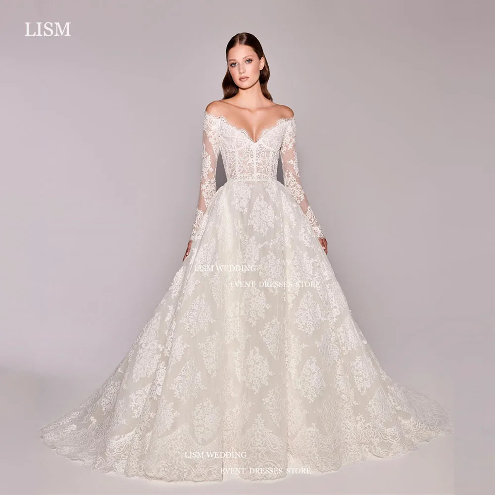 

LISM Elegant Full Lace A-Line Wedding Dresses Off The Shoulder Sweetheart Long Sleeves Bridal Gowns Vestidos De Novia Custom