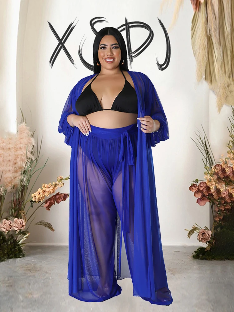 Roupa combinando transparente sexy para mulheres, conjunto de duas peças, calças cardigan longas, plus size, atacado, Dropshipping, tamanho grande, novo