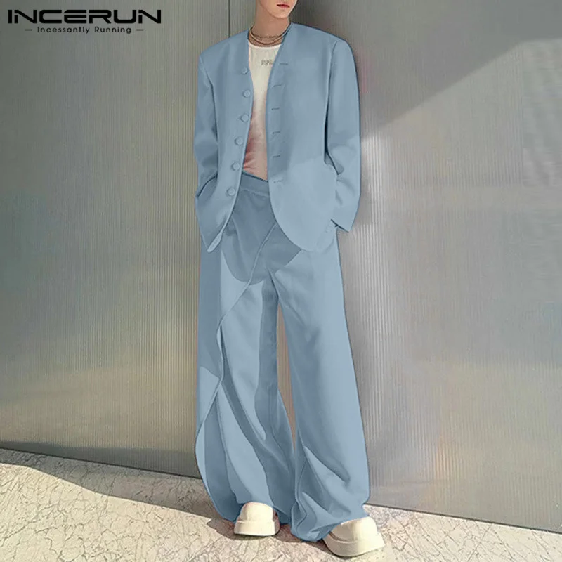 INCEURN Men Solid Color Two-piece Suits 2024 Korean Fashion Long Sleeve Tops Sets Loose Simple Commuting Outfits Handsome Suits