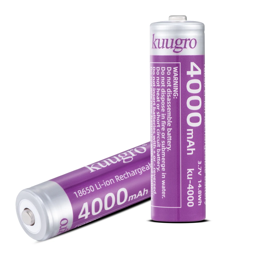

kuugro ku-4000 Pointed Battery 18650 4000mAh 3.7V Highest Capacity Rechargeable Lithium Batteries 12A Discharge for Flashlight