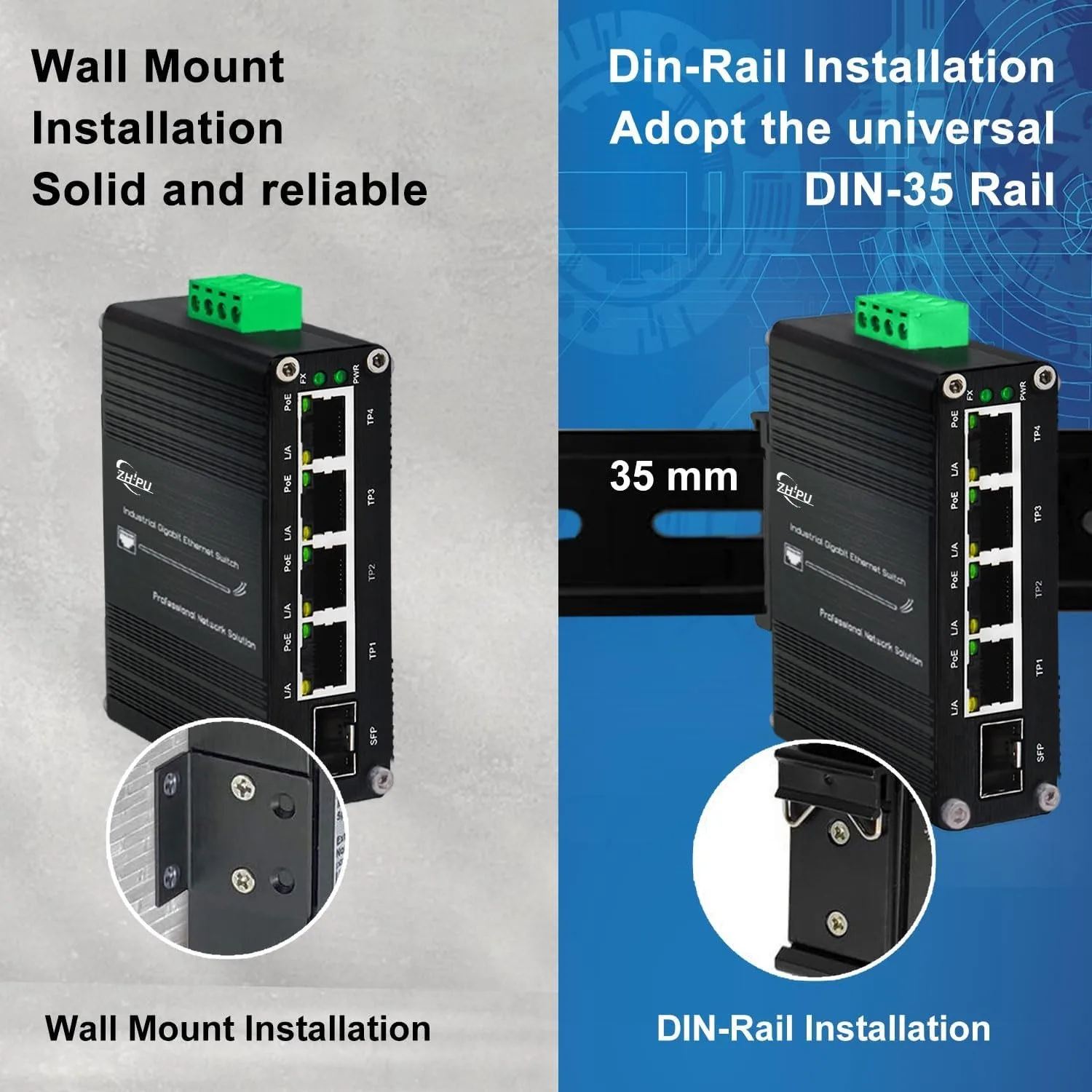 Industrial 4-Port Gigabit Solar PoE Switch, DC 12-48V Input, 48V PoE Output, SFP Uplink, IEEE 802.3af/at