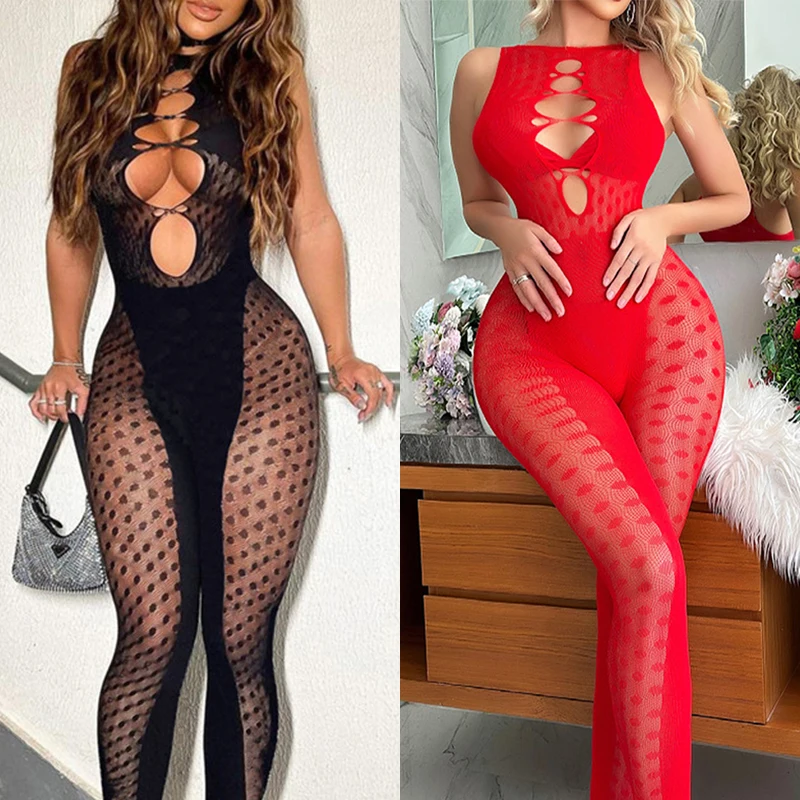 Plus Größe Ärmellose Sexy Aushöhlen Körper Strümpfe Exotische Fishnet Transluzenten Runde Dot Dessous Body Frauen Erotische Kostüme