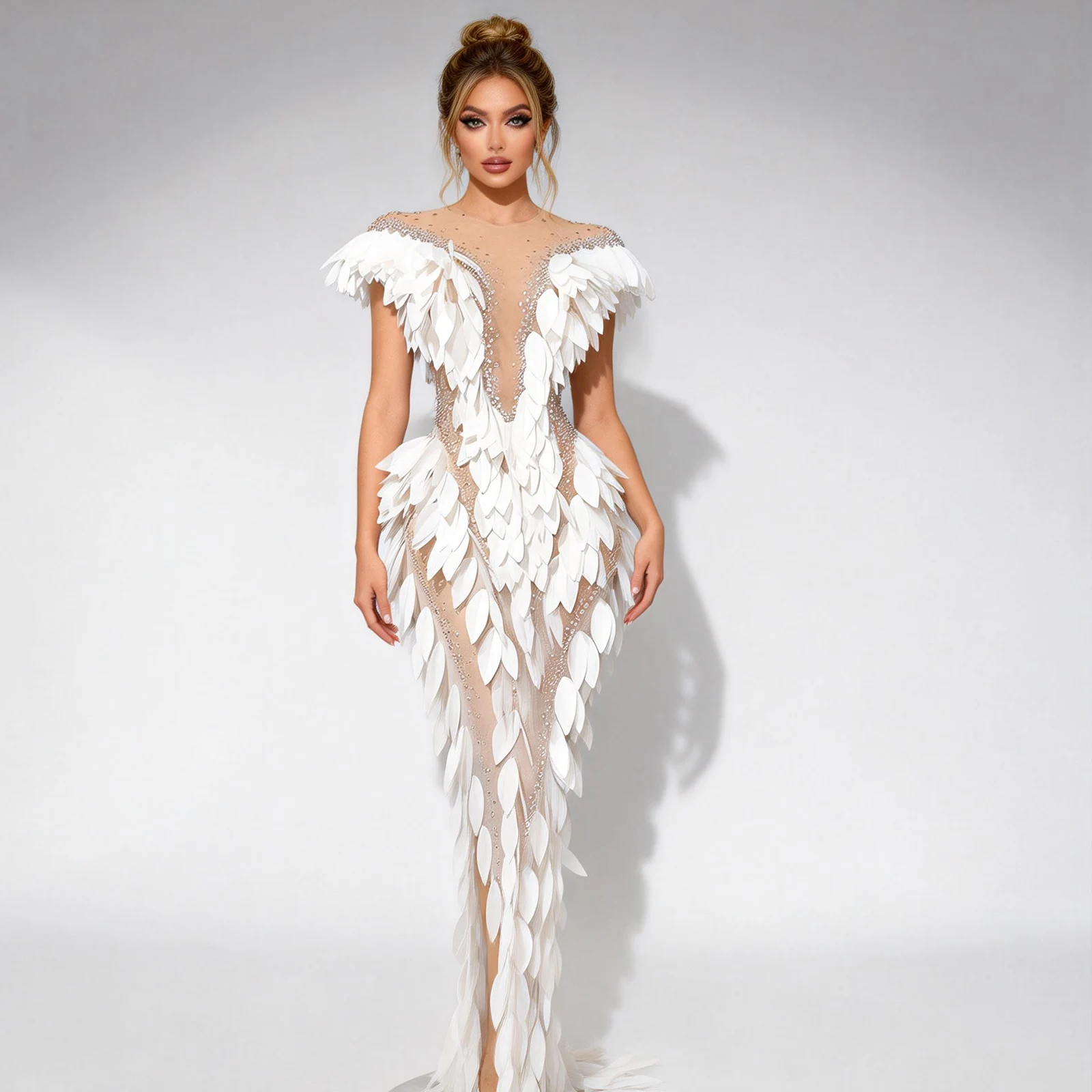 

White Sparkly Rhinestone Pearl Feather-shaped Split Trailing Dress Sexy Transparent Mesh Birthday Photo Shoot Stage Wear