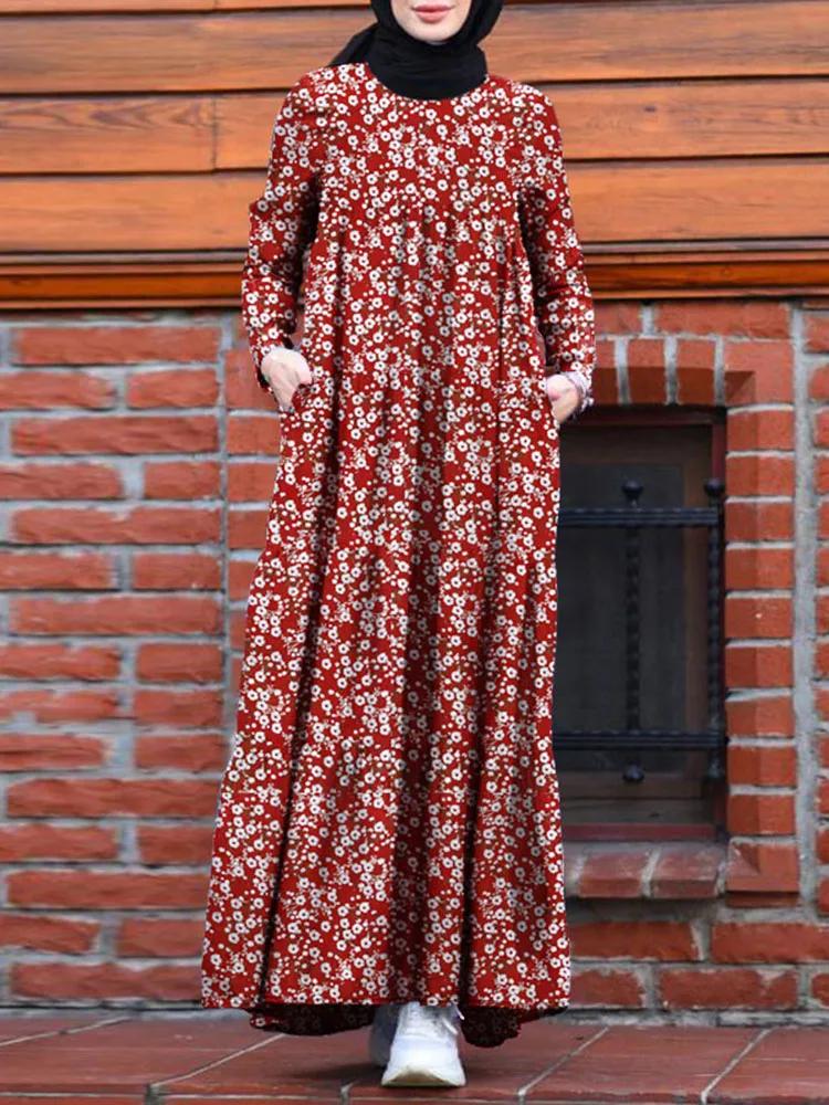 ZANZEA Kaftan Women Print Dress 2023 Spring Ruffle Maxi Vestiods Casual Long Sleeve Sundress Marocain Turkish Robe Oversize