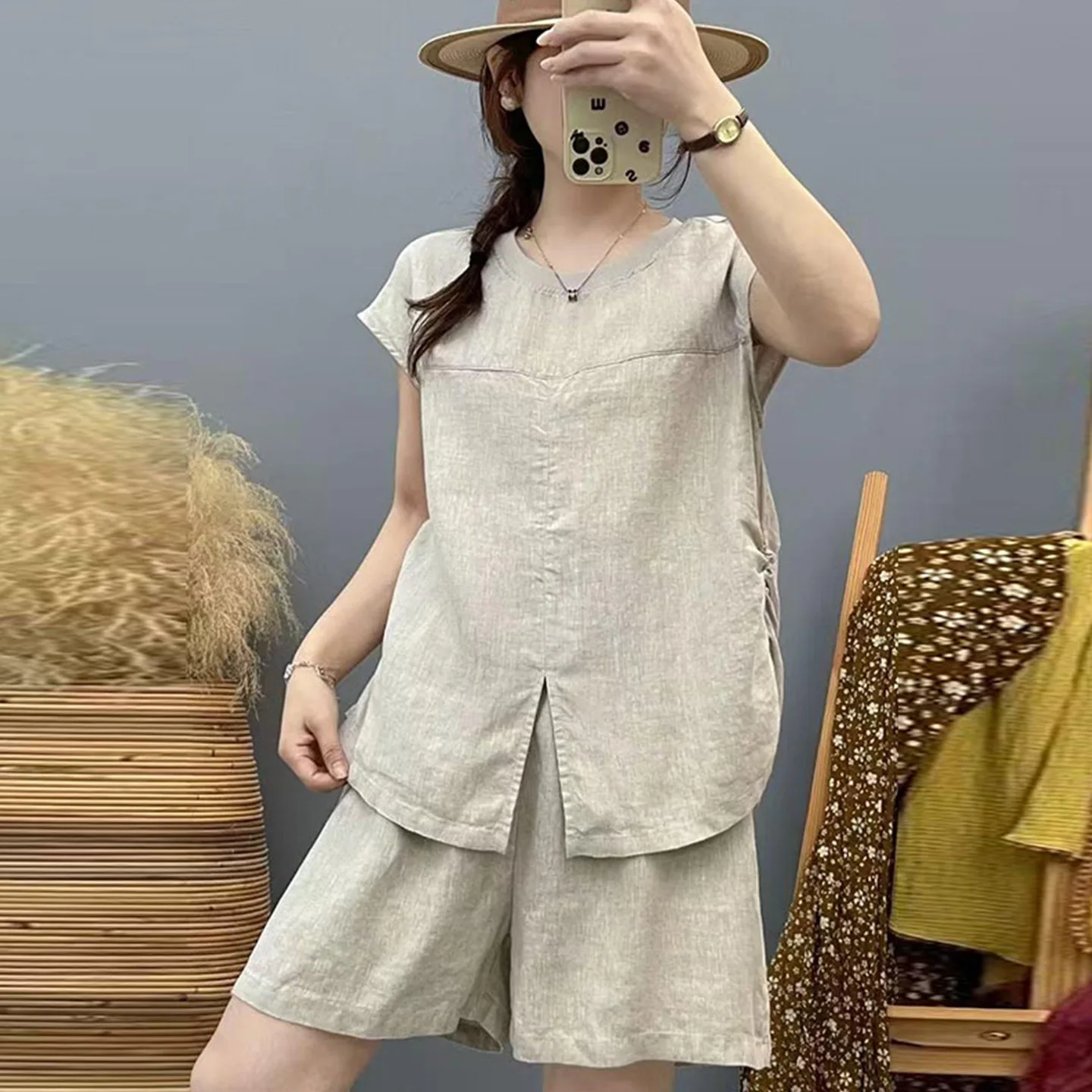 

Linen Casual Style Fashionable Set Spring and Summer Solid Color Top and Shorts Two-piece Set