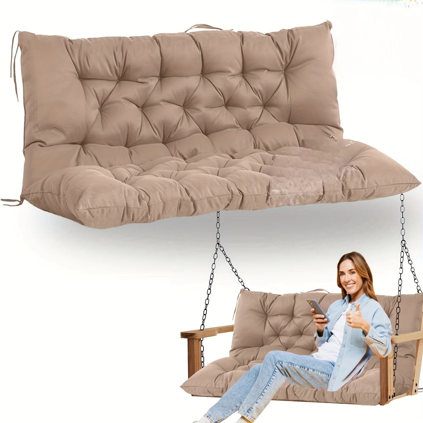 Terrassen-Schaukelstuhlkissen, wetterfest, dick, mit Bändern, Rückenlehnenkissen für ergonomische Lendenstütze, für 2-3 Sitzplätze, als Ersatz – Detail 8