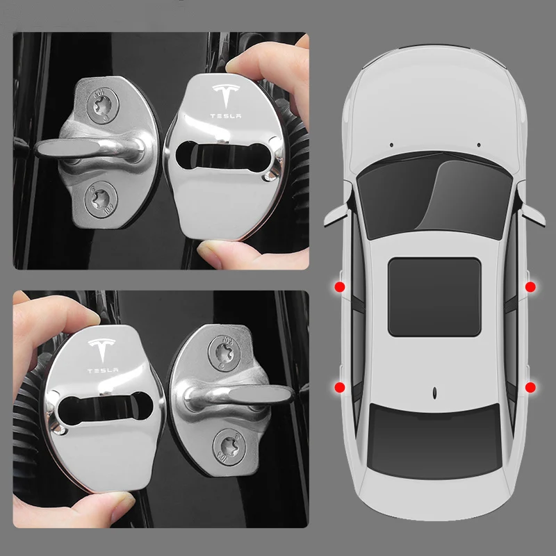 4Pc Car Stainless Steel Door Lock Protective Covers Door Lock Buckles for Tesla Model Y Model 3 2017-2023 / MODEL3 Highland 2024