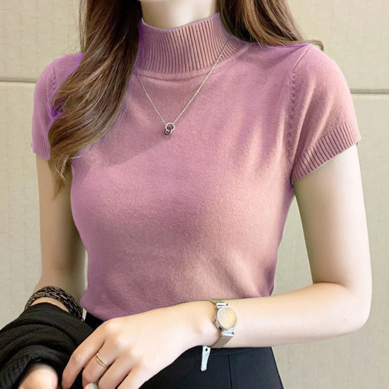 T-shirt Woman Clothing Solid Half High Neck Pullover Knitted Tops Fashion Blouse Casual Base Bottom Shirts Soft spring summer